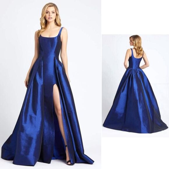 Mac Duggal 12225 Sapphire Front Slit Square Neck Ballgown With Train, Size 6 - Picture 1 of 13